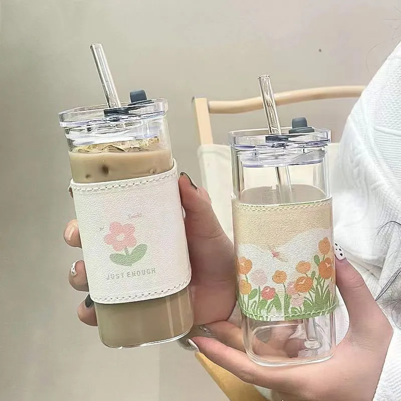 

Transparent Square Shape Coffee Mug Heat Resistance Glass Cup With Lid & Straw Milk Tea Cups Home Office Drinkware 400ml Gifts