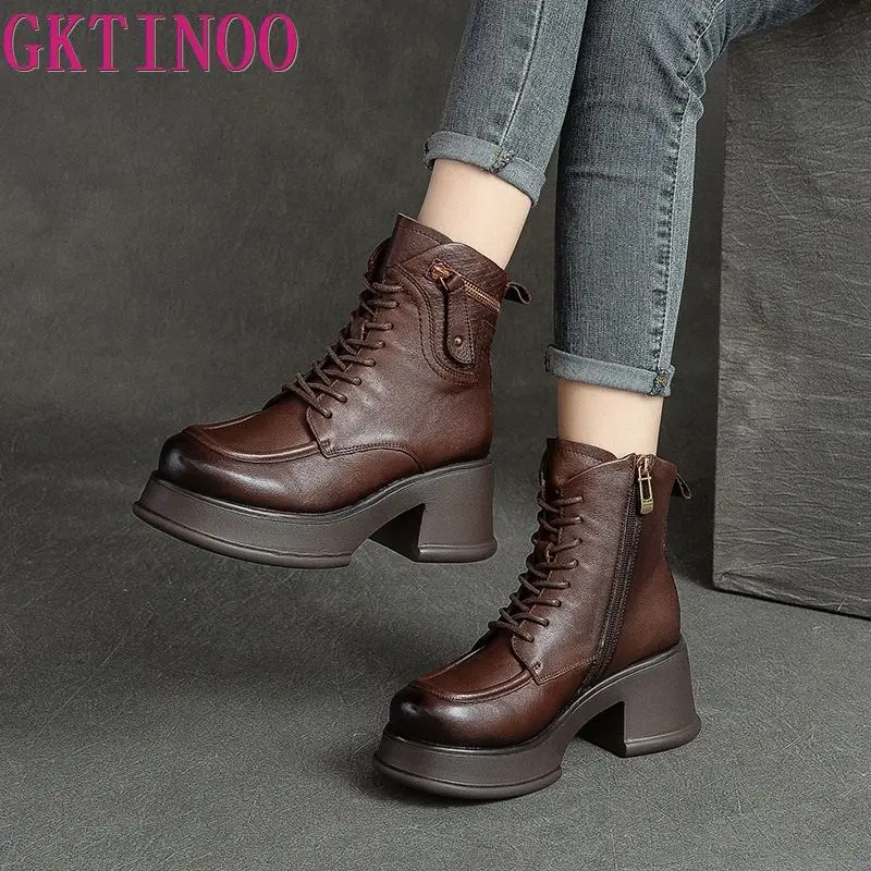 

GKTINOO British Style Handmade Retro Winter Women Platform Heel Boots Luxury Full Cow Leather Mid Calf Thick Heel Warm Boots