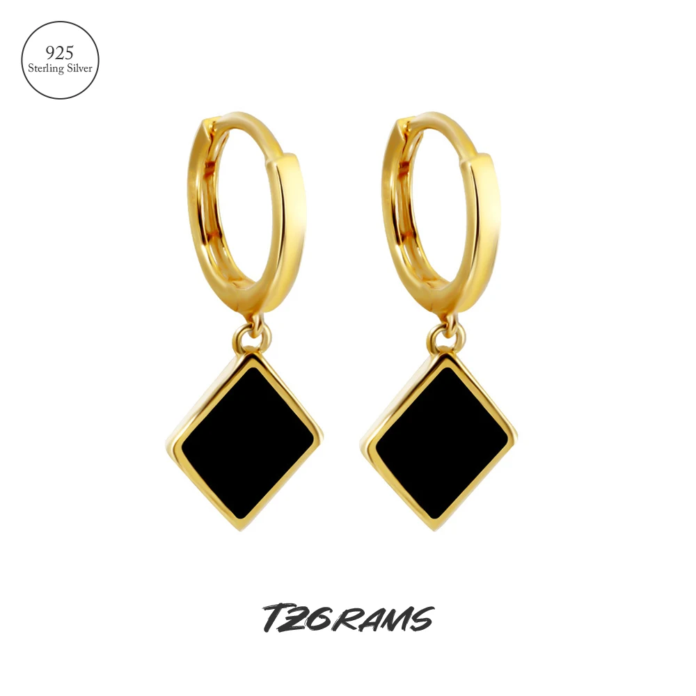 

TZgrams 925 Real Silver Geometry Black Dangle Earrings for Women Italian Enamel Gold Ear Buckle Designer Vintage Jewelry