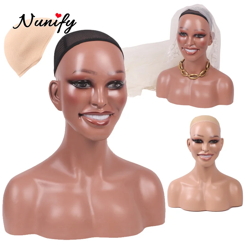 African Smiling Face Mannequin Head With Shoulders Female Realistic Wig Head With Silicone Anti Slip Cap Hat Wig Display Stand