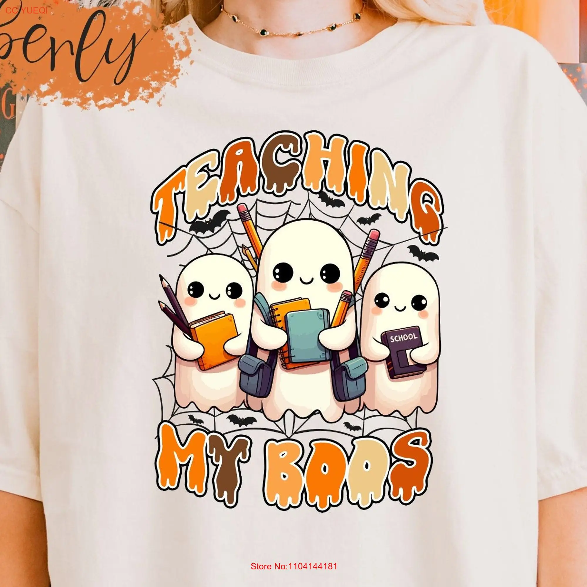 Футболка с надписью My Boos на Хэллоуин длинными или короткими рукавами
