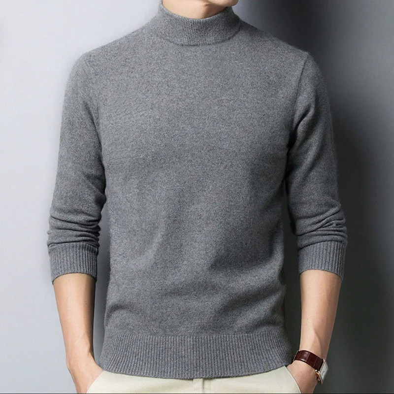 

Autumn Winter Men Knitted Woollen Sweater Mock Neck Thicken Fashion Chic Gentlemen Handsome Youth Simple All-Match Knitwear