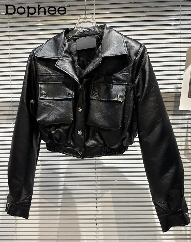 

2022 Winter New Arrival Long Sleeve Turn Down Collar Big Pockets Cotton Jacket Black Pu Faux Leather Coat Women