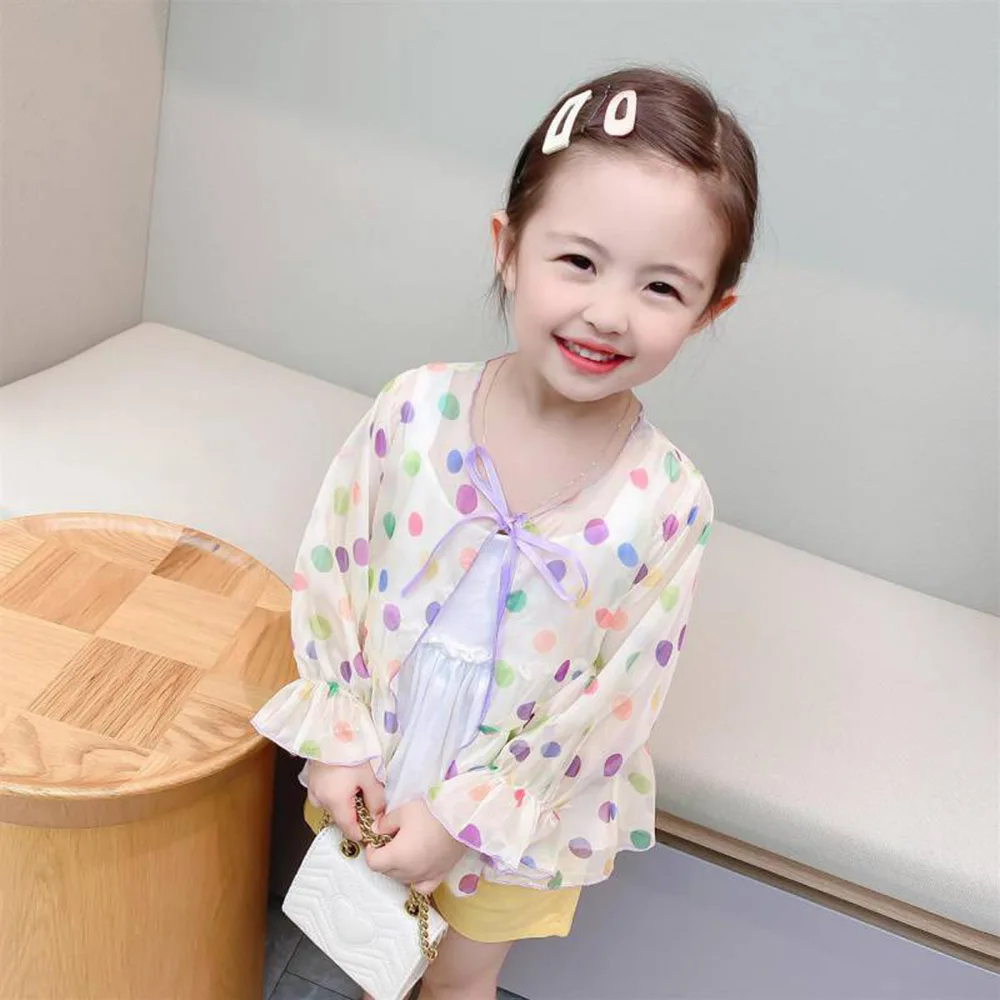 

Summer Kids Girls Thin Cool Coat Colorful Polka Dots Sun Protection Clothing Children Outerwear Long Sleeve Ruffles Cardigan Top
