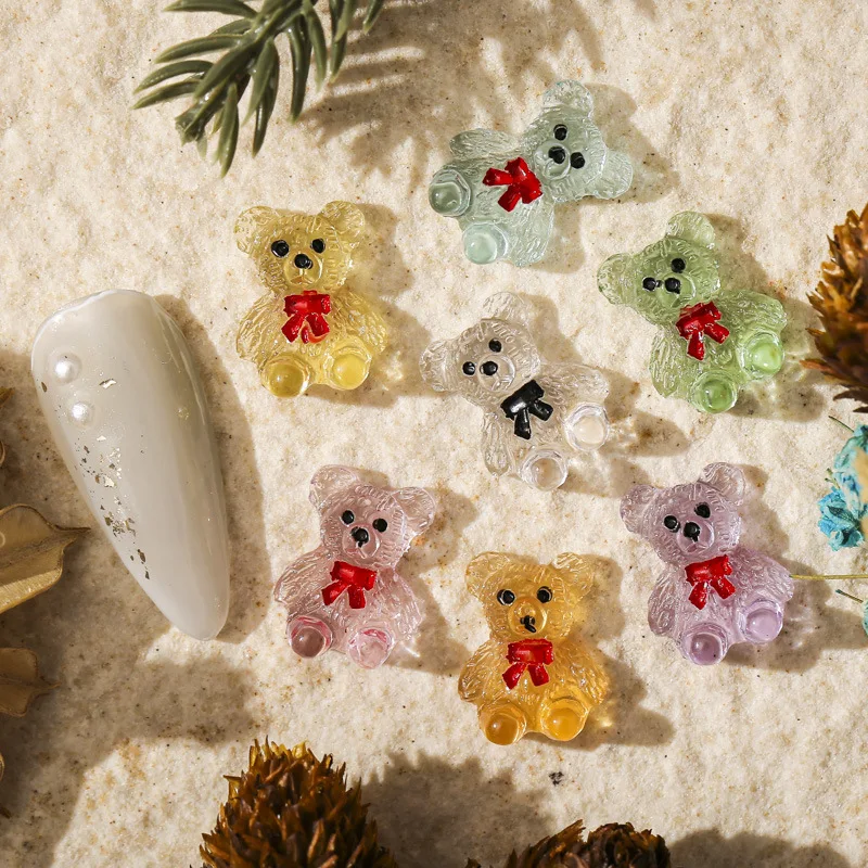 

20Pcs/Bag Nail Art Kawaii Accessories Cartoon Transparent Color Bear For Nails Decorations DIY Summer 3D Resin Manicure Charms