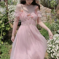 sexy pink sweet strap dress summer women elegant v neck bow female off shoulder floral fairy party dresses chic holiday vestidos