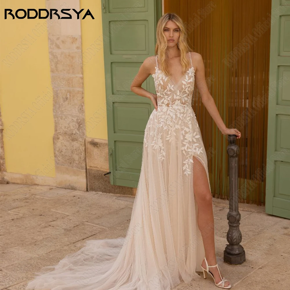 

RODDRSYA Light Champagne Wedding Dress Spaghetti Straps V-Neck Sexy Backless Bride Gowns A-Line Side Split Vestidos De Novia