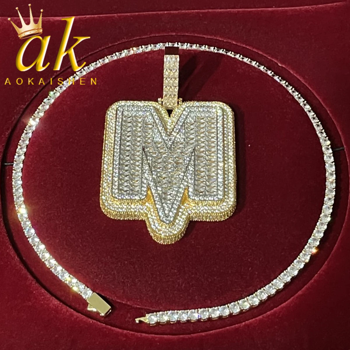 Aokaishen A~Z Single Baguette Letter Name Necklace Chain For Men Full Zircon Pendant Rock Rapper Hip Hop Jewelry