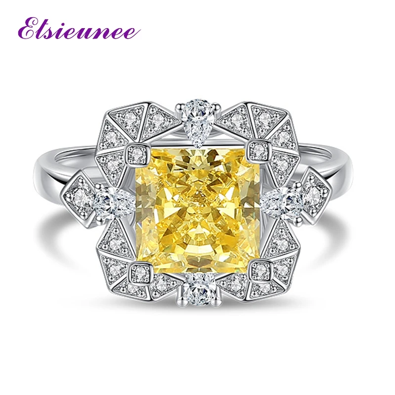 

ELSIEUNEE 100% 925 Sterling Silver Citrine Simulated Moissanite Diamond Adjustable Wedding Rings for Women Luxury Fine Jewelry