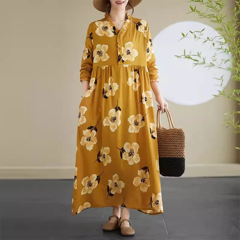 Женское винтажное платье из хлопка и льна свободное Повседневное большого
