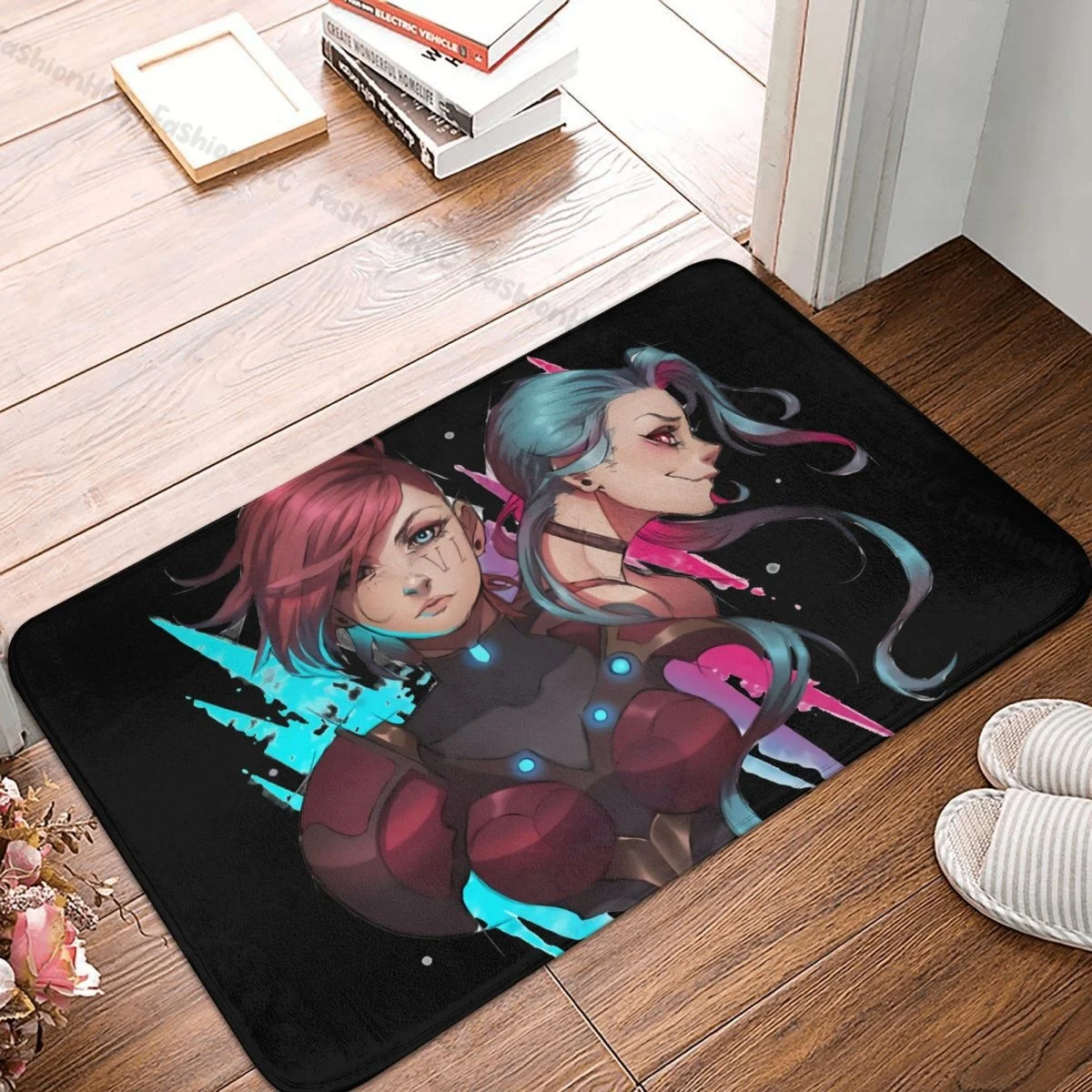 

Arcane League of Legends Animated Bathroom Mat VI And Jinx Doormat Flannel Carpet Balcony Rug Home Decor