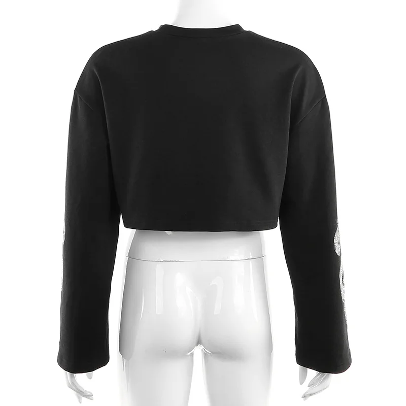 Dragon Print Hoodies Short Women Dark Gothic Round Neck Long Sleeve Navel Exposure Sexy Metal Pendant Female Casual Tops Hoodie