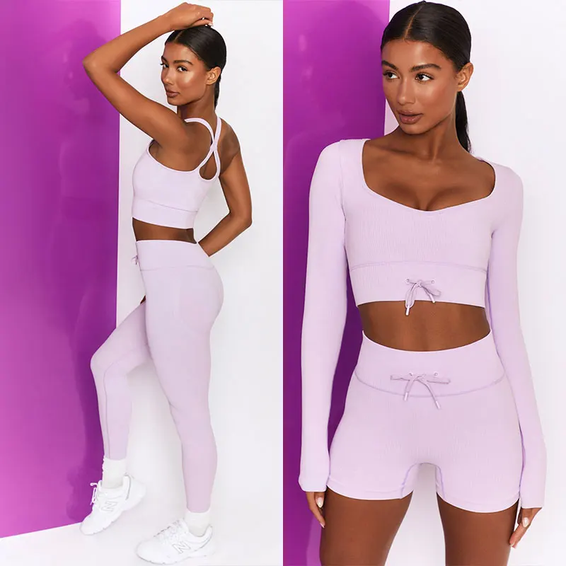 

Комплект для фитнеса и йоги женский спортивный костюм с длинным рукавом + сексуальный бюстгальтер + Короткий Топ Леггинсы с высокой талией ш...