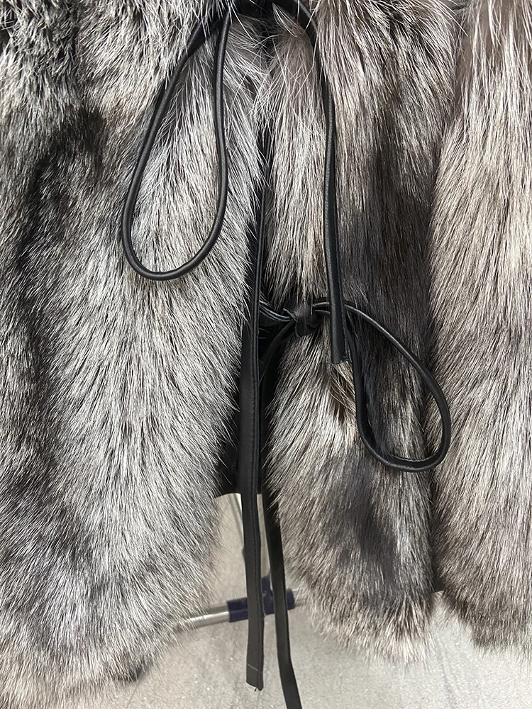2022 High Quality Luxury Women Female Real Silver Fox Fur Outside Genuine Sheepskin Leather Oversize Loose Leisure Coat