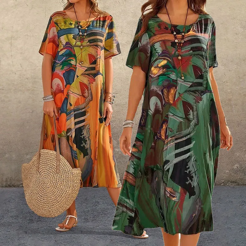 

Loose Dresses Women Vintage Printed O Neck Mom Loose Long Dress Robe Boho Beach Dresses Geometric Collage Short Sleeve Dress