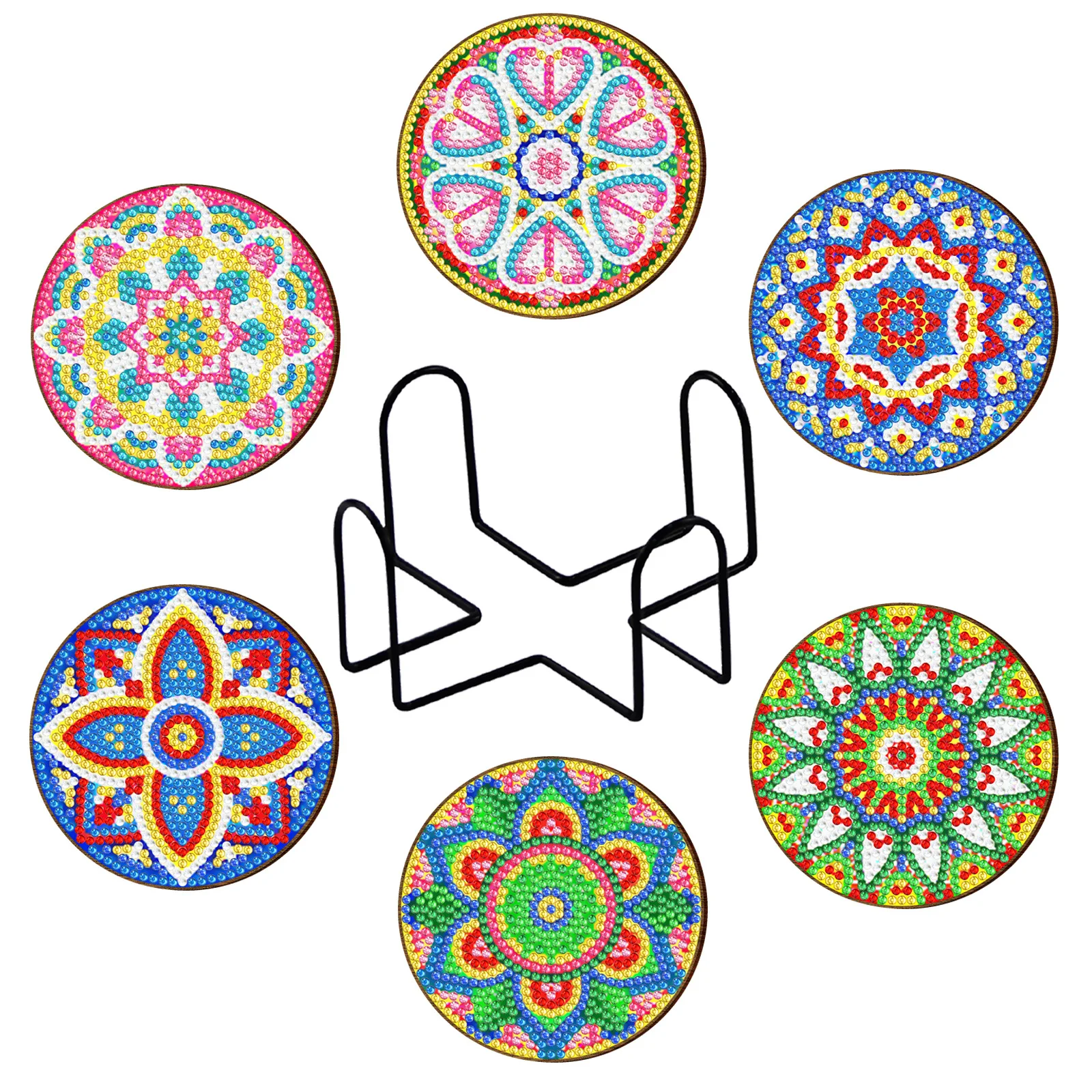 

6Pcs DIY Diamonds Painting Coaster Non-slip Mandala Art Mosaic Cup Cushion with Rack Diamond Rhinestones Paintings Decor Gift