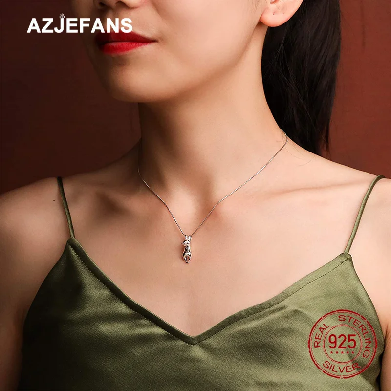 Фото Ожерелье AZJEFANS из стерлингового серебра 925 пробы с милым кулоном в виде кошки для женщин, изысканные ювелирные украшения №5