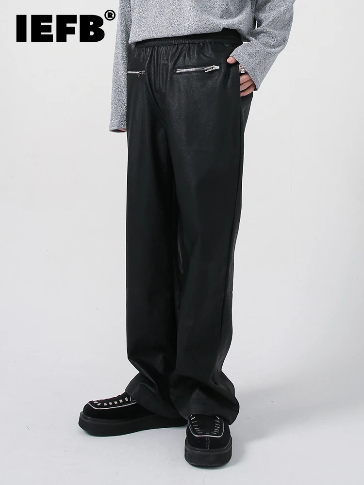 

Брюки IEFB мужские из искусственной кожи, универсальные дизайнерские свободные однотонные штаны на молнии, повседневные винтажные брюки с ши...