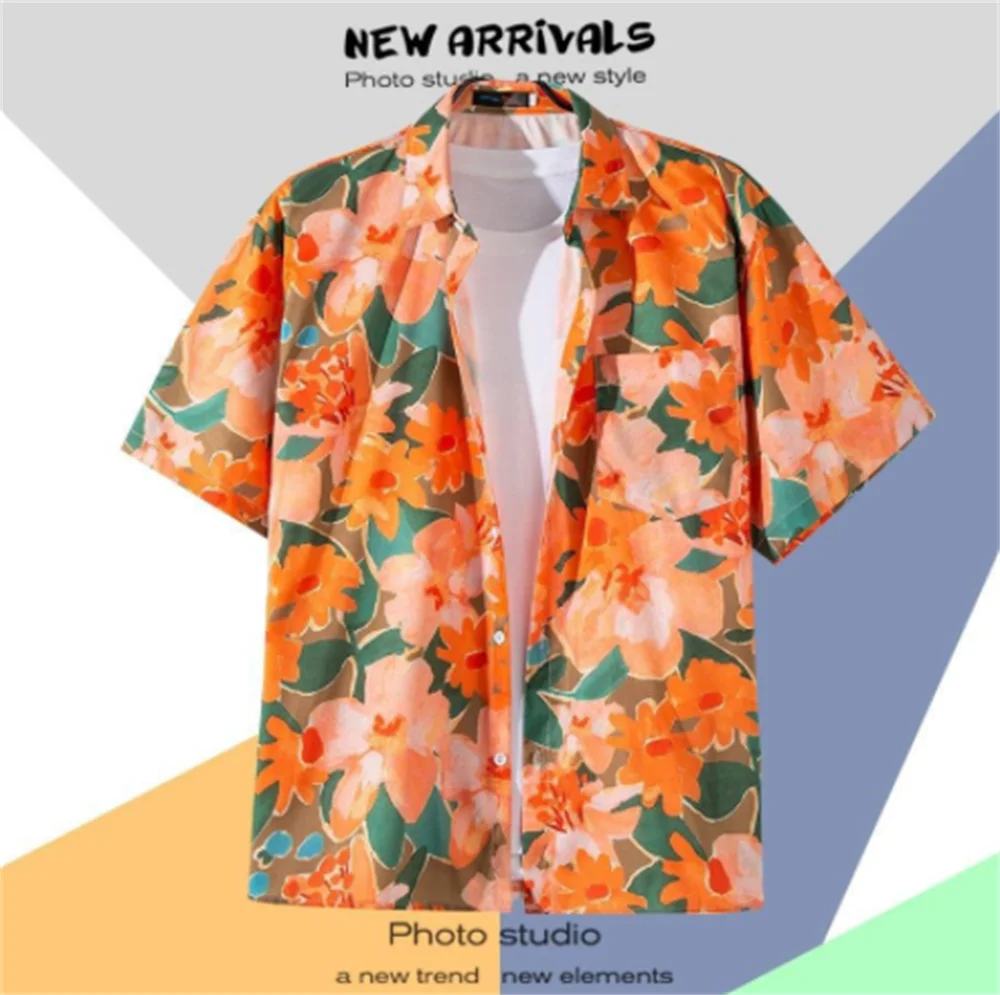 

Hot Sell Shirt For Men Leaf&Flower Print Beach Party Short Sleeve Tops Hawaiian-Shirts Summer Men Clothing Loose Oversized-Shirt