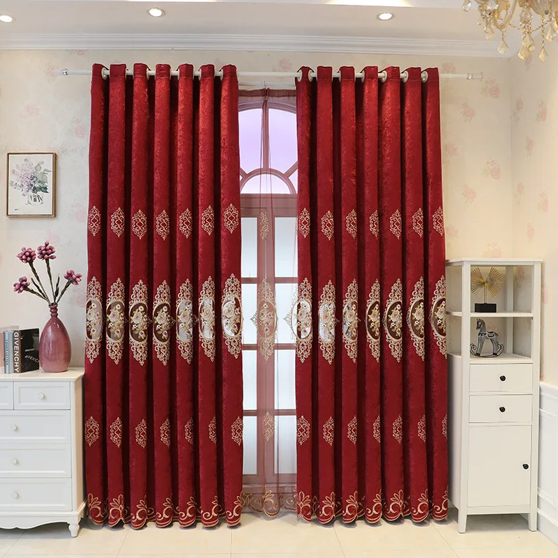 

Curtains for Living Room Dining Bedroom Nordic Chenille Luxury Red Wedding Embroidery Roses Hollow High Shading Windows Door