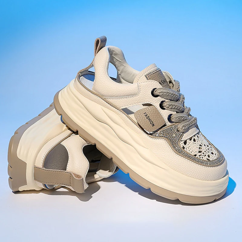 5cm Lace Rhinestone Decor Genuine Leather Slides Hollow Ladies Summer Breathable Ankle Boots Women Platform Sandals Wedge Shoes