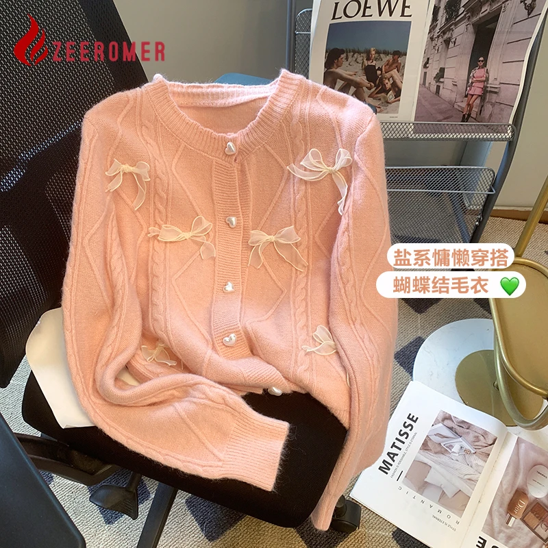 

2023 Fall Winter Chic O-neck Sweet Bow Decoration Knitted Cardigan Coat Women Cute Love Button Casual Long Sleeve Tops Outwear