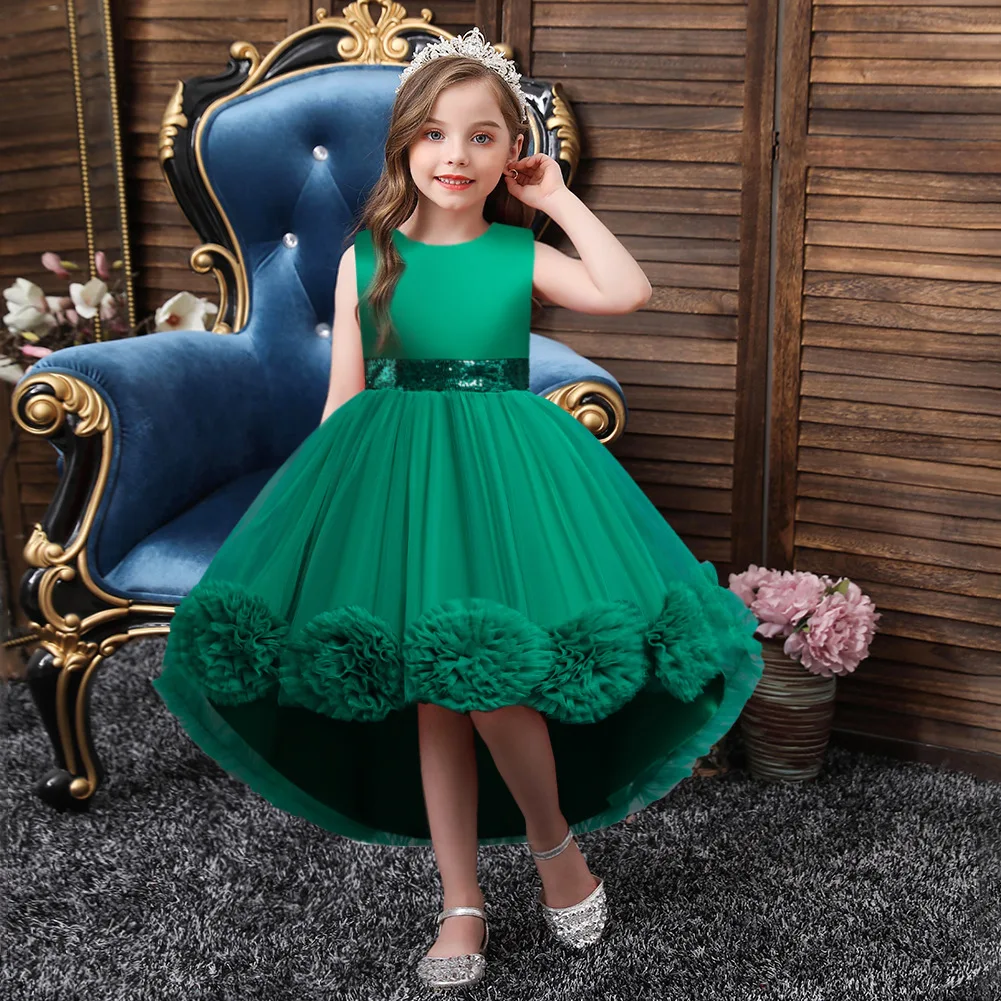 

BunnyLuLu Girls Dress Fashion Long Trailing Children Tulle Flower Festive Ball Party Evening Dress Princess Birthday