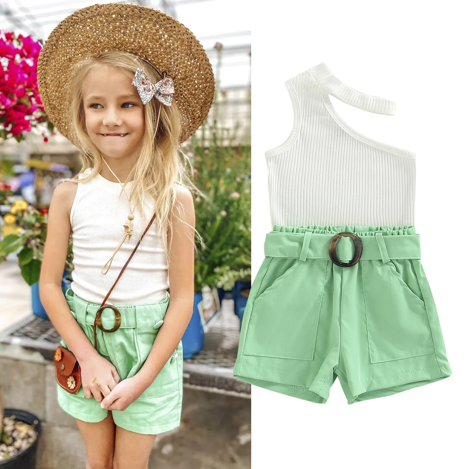 

Комплект одежды для девушек из двух предметов, топ без рукавов в рубчик с круглым вырезом и вырезом на груди, шорты с поясом на резинке