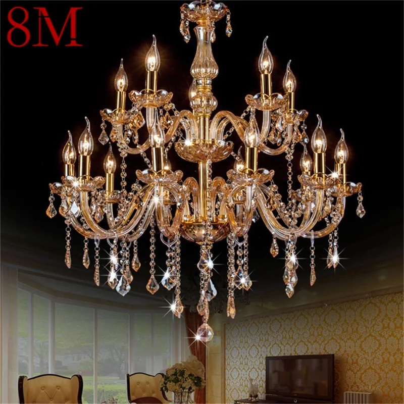 

8M European Style Chandelier Lamp LED Crystal Pendant Candle Amber Light Fixtures Indoor for Home Hotel Hall