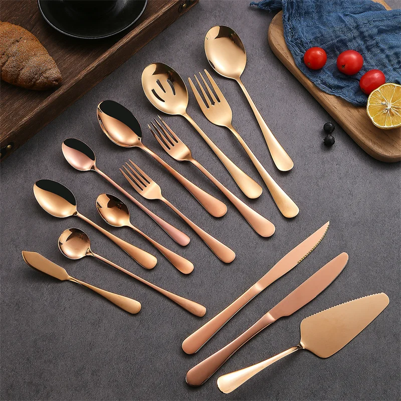 

Western Rose Gold Cutlery Set Stainless Steel Steak Knife Serving Fork Spoon Cake Shovel Dinnerware Set Utensils for Kitchen