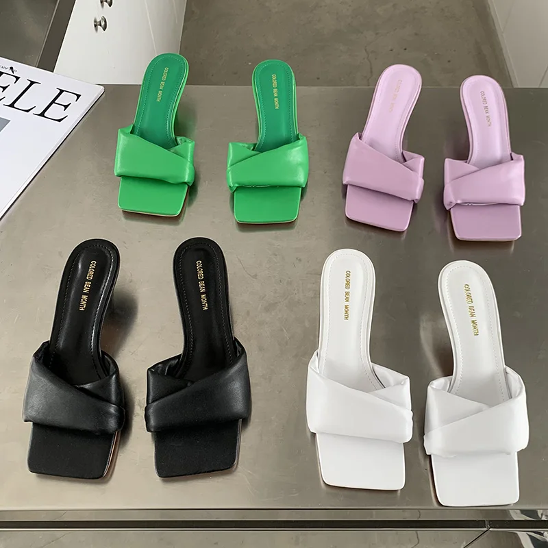 

2022 Summer New Women External Wear Slippers Western Style Square Toe One Word Slides Purple Green Thin High Heels Mules Shoes