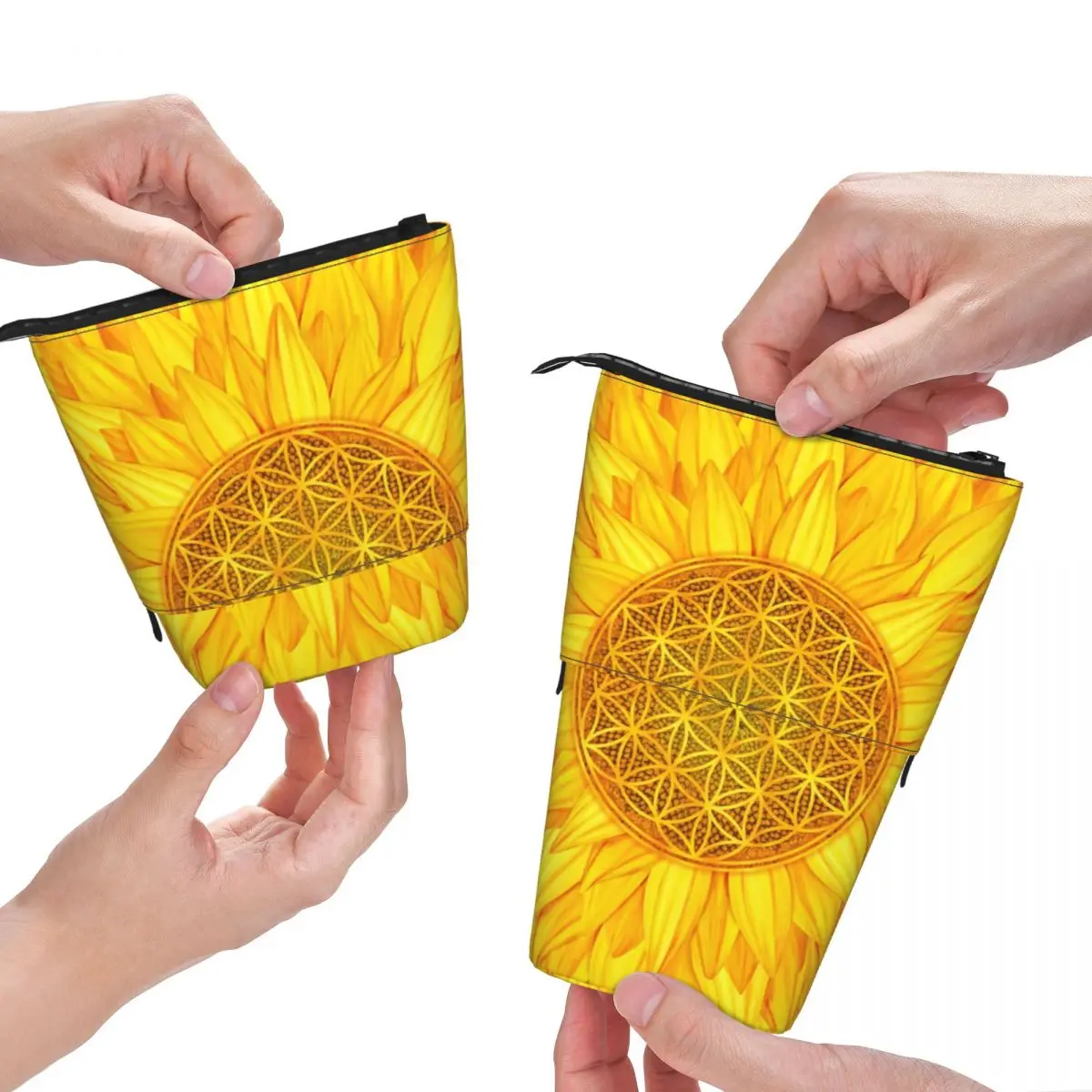 

Big Sunflower Print Fold Pencil Case Flower of Life For Teens College Standing Pencil Box Cute Pen Bags