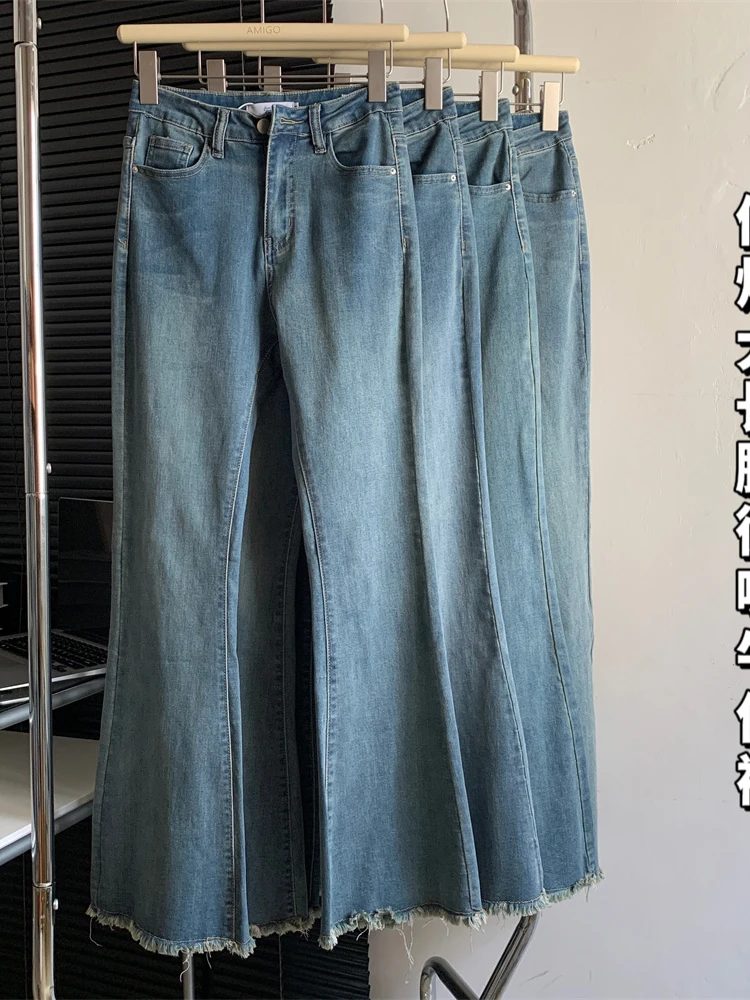 

2022 Autumn Winter Women New High Waist Retro Wash Denim Flare Pants Wide Leg Straight Tassel Design Bell Bottom Streetwear