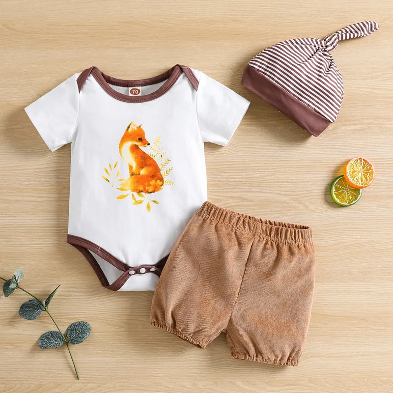 Newborn Baby Girl Short Sets Summer Clothes 2023 Short Sleeve Bodysuit Shorts Hat Fox Elastic Waist Clothing 0 to 18 Months