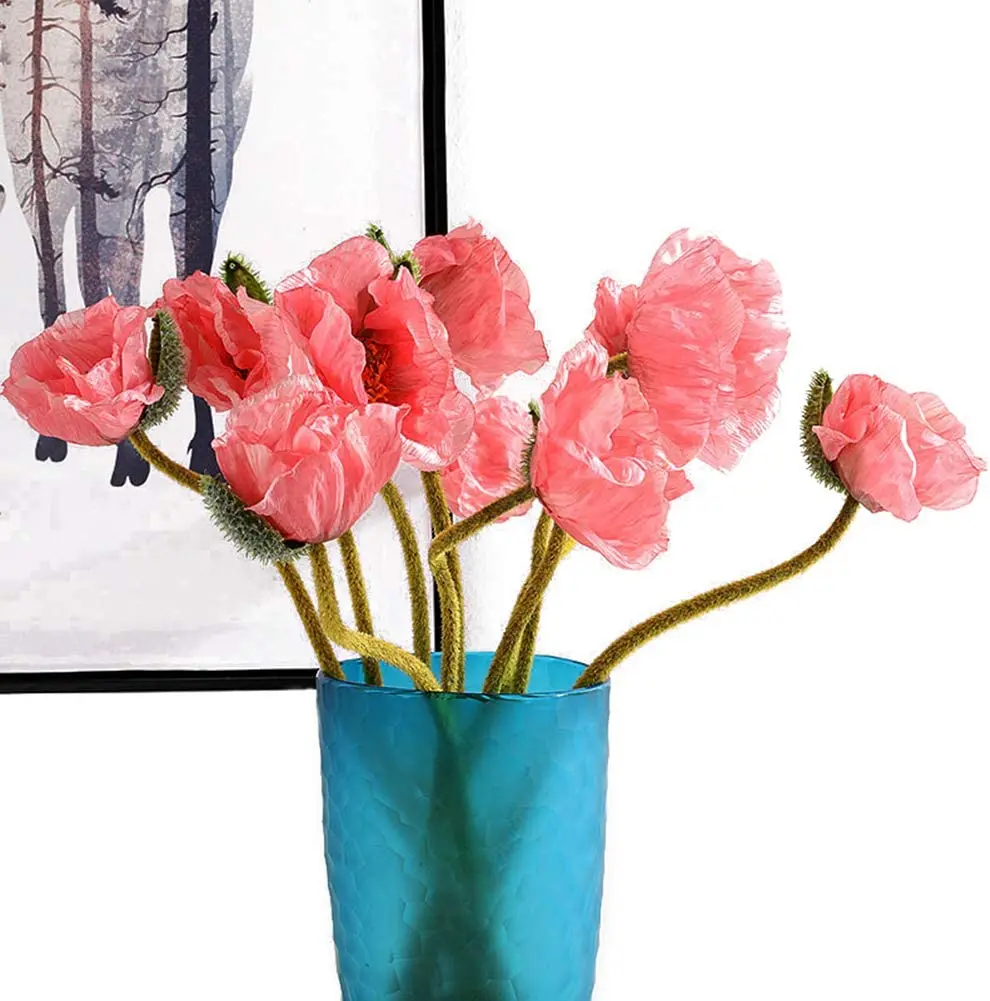 

5 Pcs Artificial French Corn Poppy Silk Poppy Flocking Long Stem Flowers Home Wedding Party Decor 25" High No Vase Dream Pink