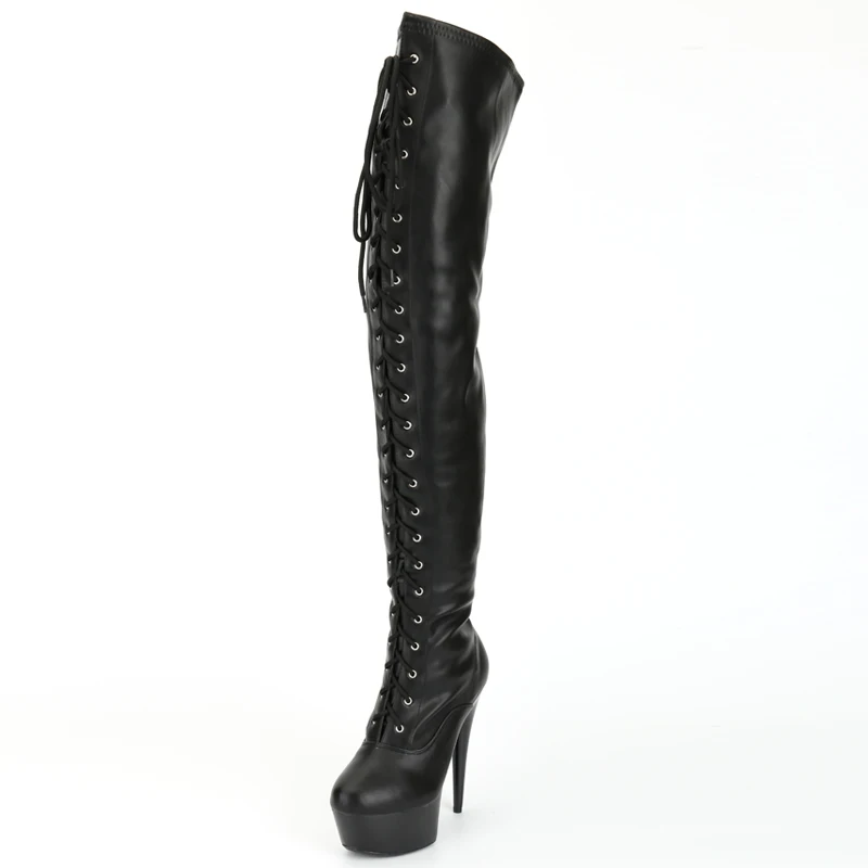 Women's Pole Dance Boots Over-The-Knee 15CM High-Heeled Cross-tied Side-Zip Stripper Gothic Sexy Fetish Thigh High Boots