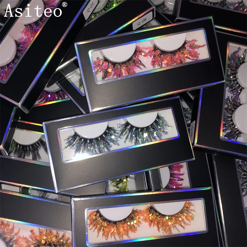 

Asiteo 1 Pair Color Glitter Luminous 3D False Eyelashes Fluorescence Glitter Sequins Thick Exaggerated Handmade Fluffy Lashes