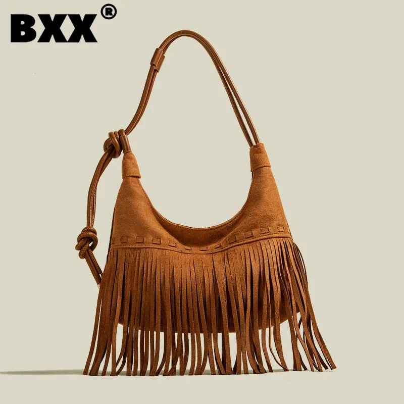 

[BXX] Tassel Design Underarm Bag For Women Vintage Scrub Zipper Solid Color One Shoulder Crossbody Bags 2023 New Handbag 8CY1151