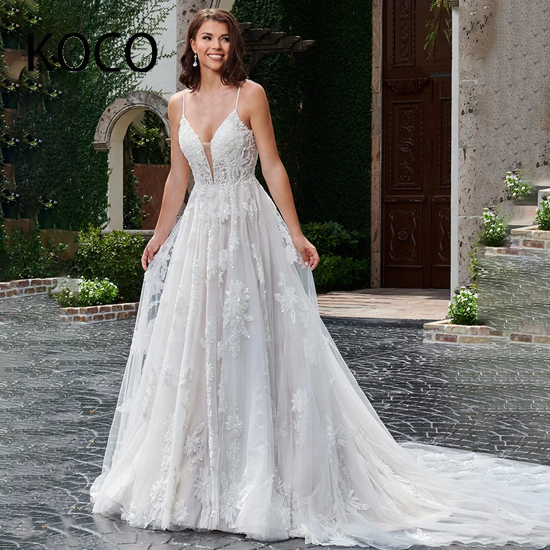 

MACDOUGAL Tulle A-line Wedding Dress Bridal Deep Sweetheart V-back Beaded Spaghetti Straps Sequin Applique Beading Chapel Train