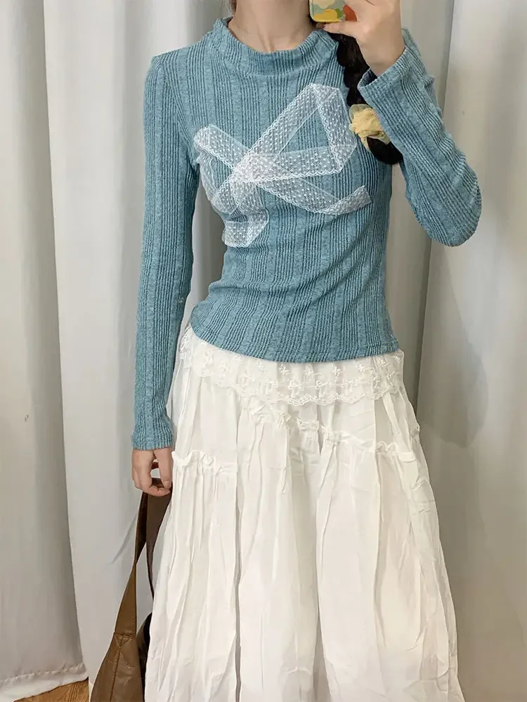 HOUZHOU корейский стиль с бантом Y2k вязаный пуловер женский милый кружевной свитер