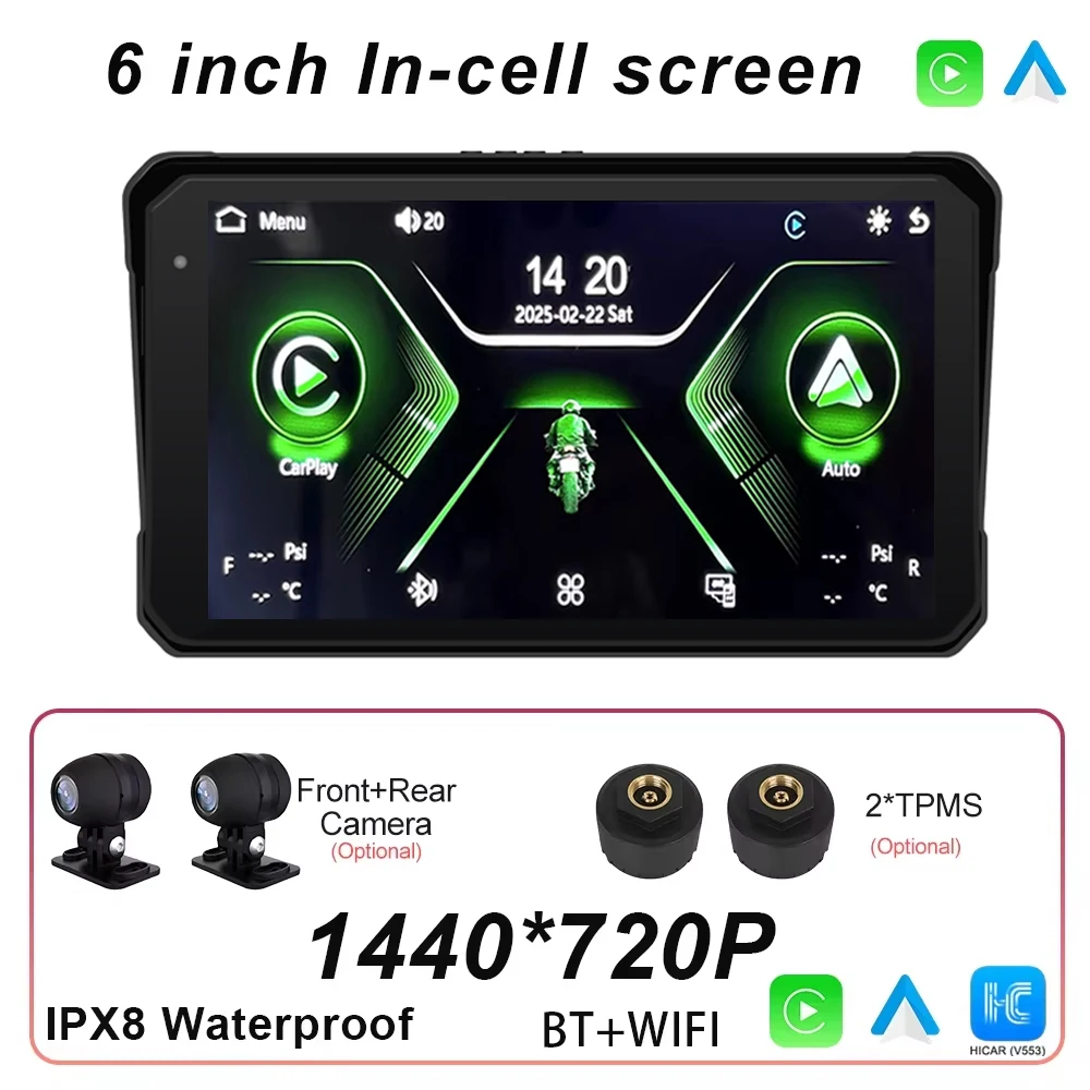 

Мотоциклетная навигация, 6-дюймовый экран, 1560*720, беспроводной CarPlay, Android, авто, мотоцикл, GPS, видеорегистратор, монитор TPMS, опционально