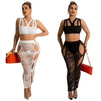 skmy fashion women lace suit sleeveless bandage crop top sexy hollow out perspective skirt set summer beach outfits solid color