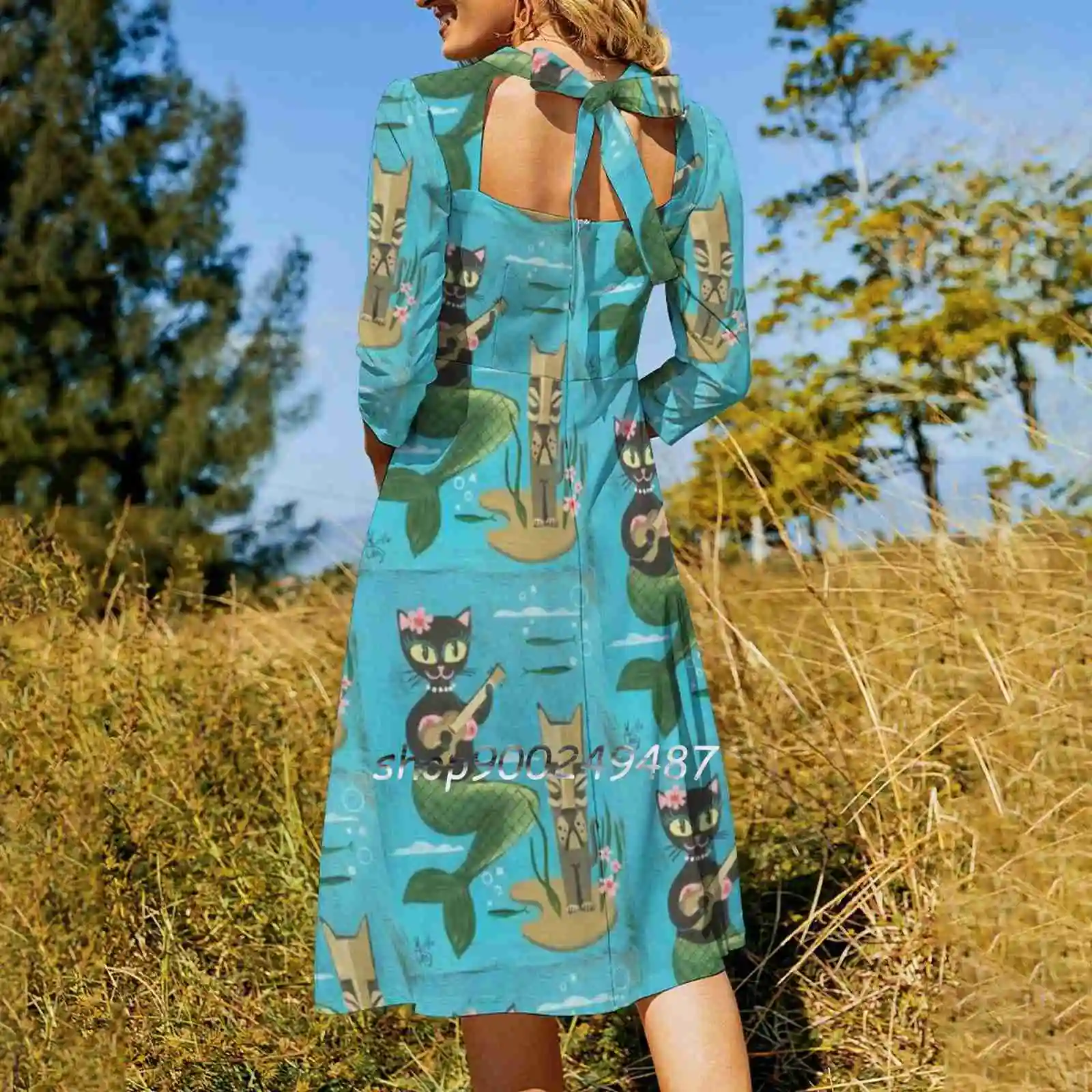Платье с квадратным вырезом Tiki Cat милые свободные платья принтом элегантное