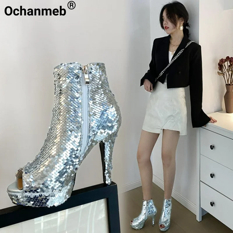 

Ochanmeb Shiny Sequined Cloth Boots Stiletto Thin High Heels Women Platforms Open Toe Zipper Short Boots Gold Silver Green 33-43