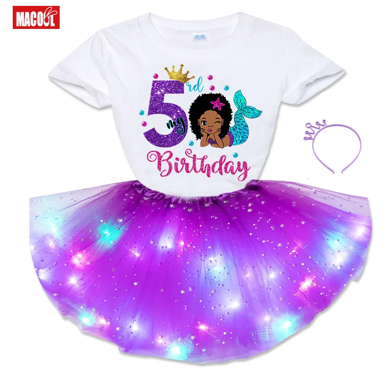 Mermaid Birthday Party T Shirt Set Girl Birthday Outfits Tutu Dress Little Afro Princess Set Light Dress+t Shirt 2 3 5 6 7 Years