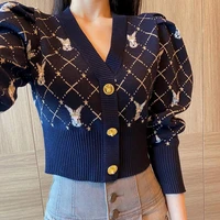 spring new womens cartoon rabbit knitted cardigan v neck sweater cardigan small fragrance style short high waisted women