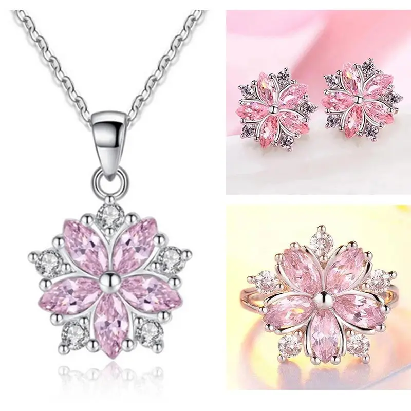 

Pink Crystal Cherry Blossoms Jewelry Set for Women Charm Flower Necklace Earrings Ring Female Wedding Jewelry Dropshipping