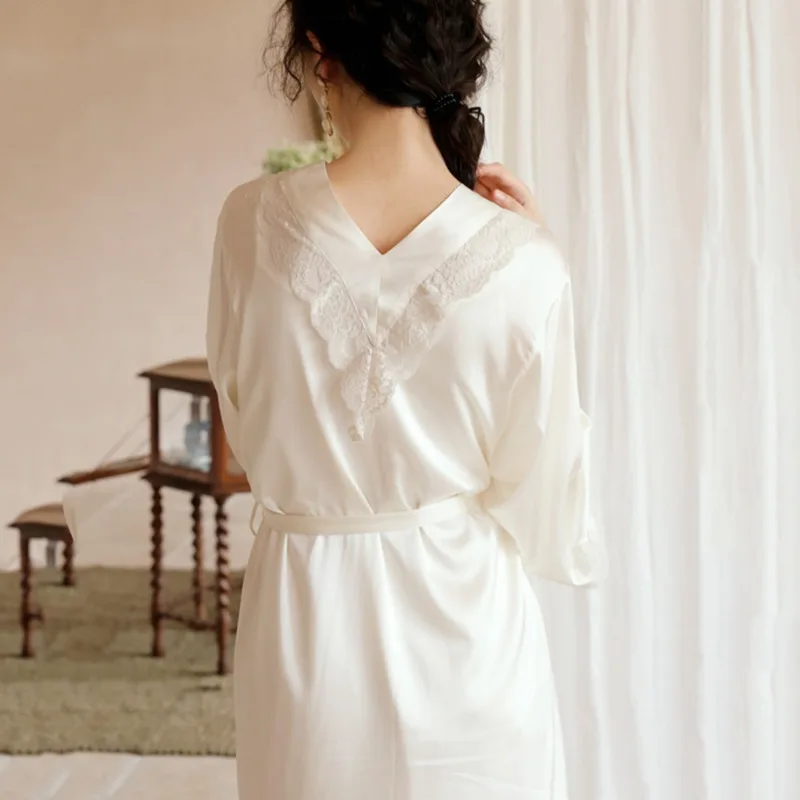 2Pcs Womens Nightdress Satin Lace Nightgowns Sexy Wedding Robe Strap Nightwear Spring Autumn Home Dressing Gown for Women Pajama