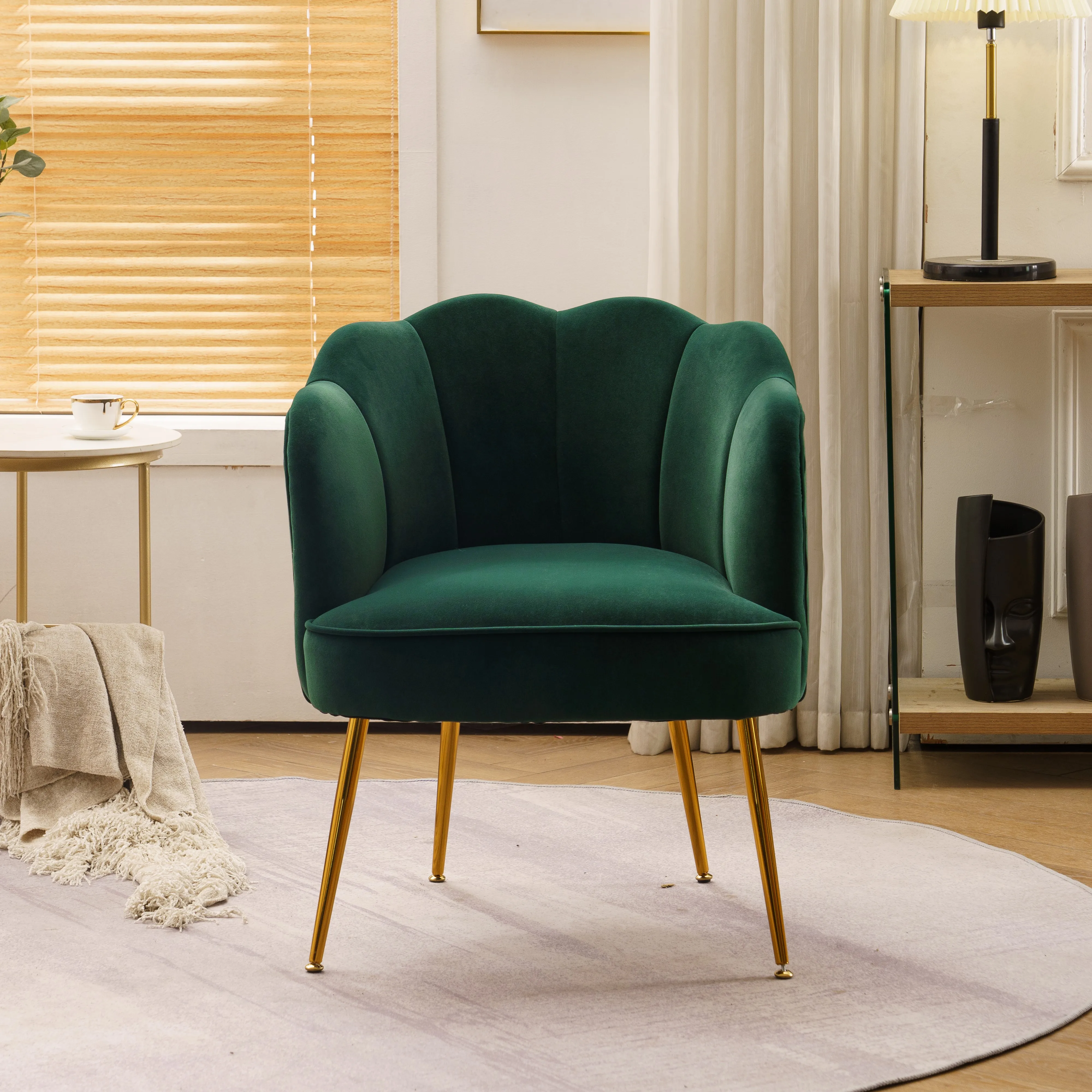

Бархатное тканевое кресло в форме ракушки, стул с золотыми ножками для гостиной, спальни, темно-зеленый, американский стиль, бесплатная дост...