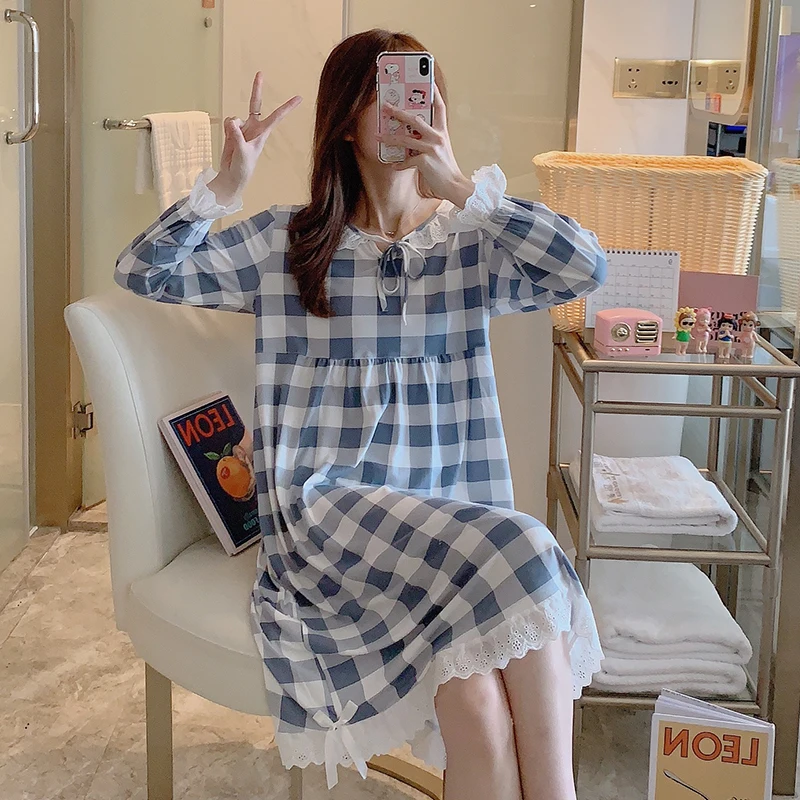 Women Nightgown Sleepwear O-neck Cartoon Print Long Sleeve Cute Sleepwear Girl Night Gown Female Sleeping Dress Lady Sleep Wear